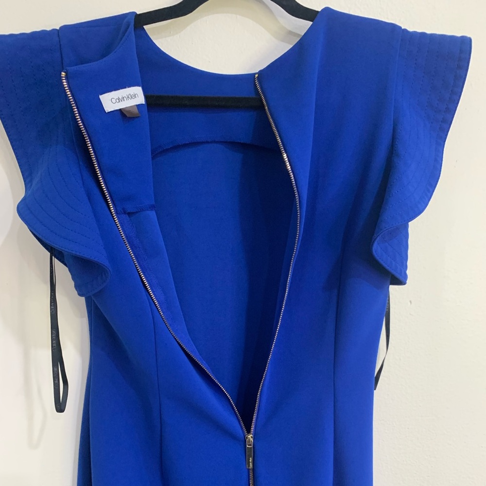 Calvin Klein fitted flutter Ruffle Sleeve Dress Royal Blue Size 10 Office Career - Picture 11 of 11